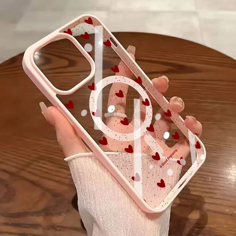 Simple Heart Polka Dot Clear Case For Magsafe iPhone 14 Pro Max 17 15 14 11 13 12 ProMax Plus Cases Wireless Charing TPU Fundas