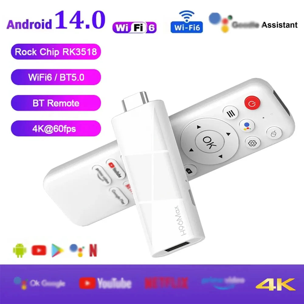 2026 H96 MAX RK3518 Android14 Smart Mini TV Stick Wifi6 BT5.4 4K HD 3D Quad-Core Google Voice Assistant Home TV Box Media Player