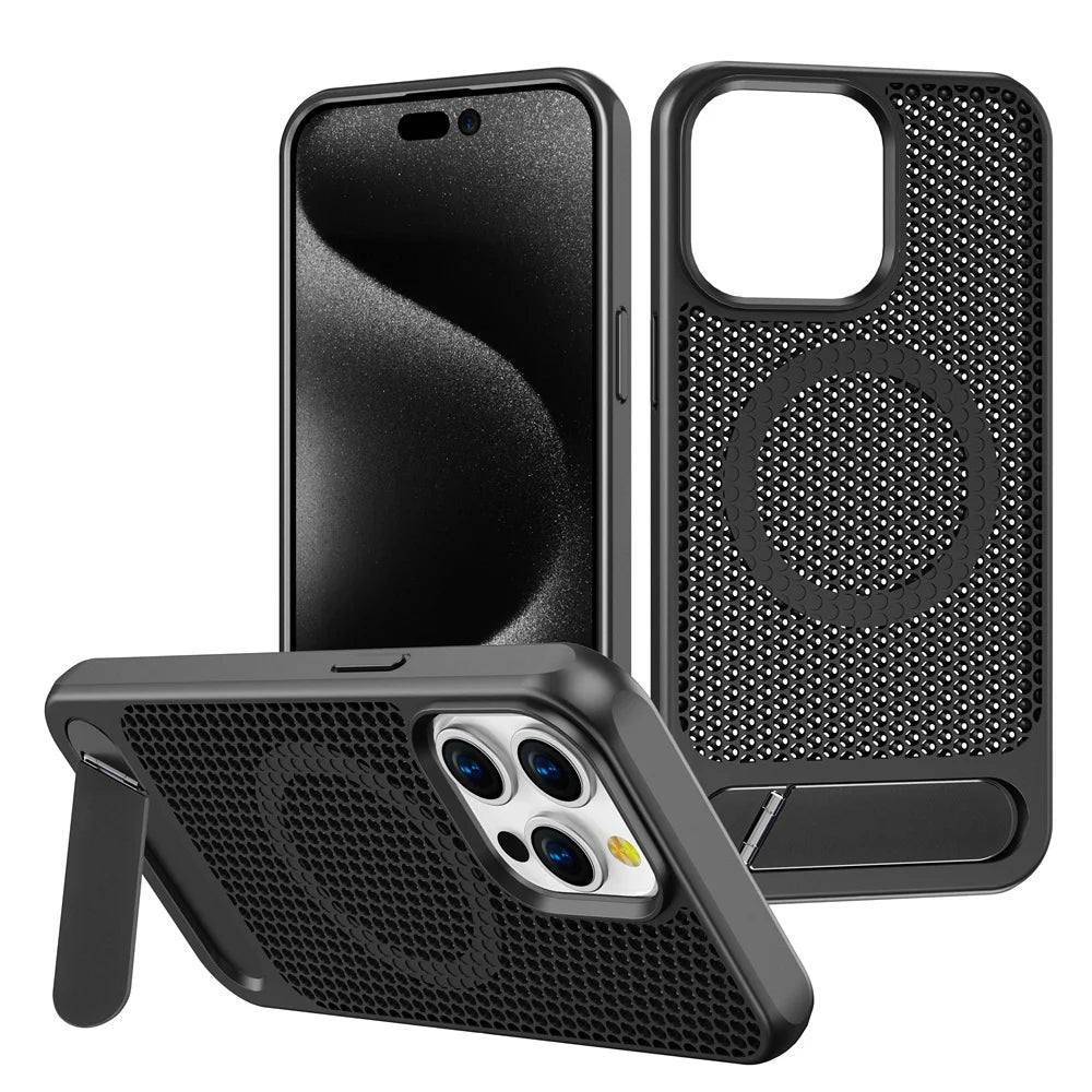 Luxury Cooling Stand Magnetic Phone Case For iPhone 17 16 15 14 11 12 13 Pro Max Heat Dissipation Plain Color Shockproof Cover