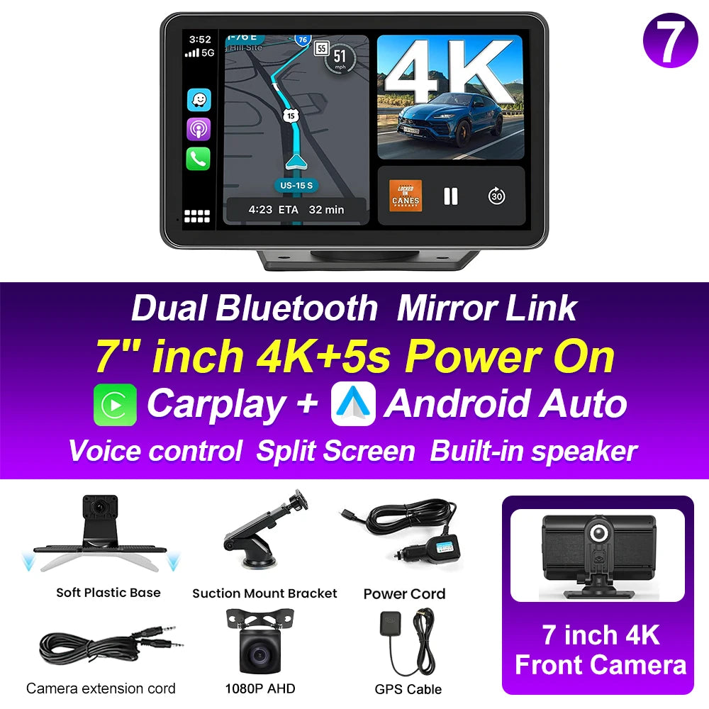 XIMA 7 inch Dash Cam 4K Car DVR Wireless Carplay Android Auto GPS Navigation Video Recorder Dashboard Dual Lens Reversing