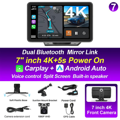 XIMA 7 inch Dash Cam 4K Car DVR Wireless Carplay Android Auto GPS Navigation Video Recorder Dashboard Dual Lens Reversing
