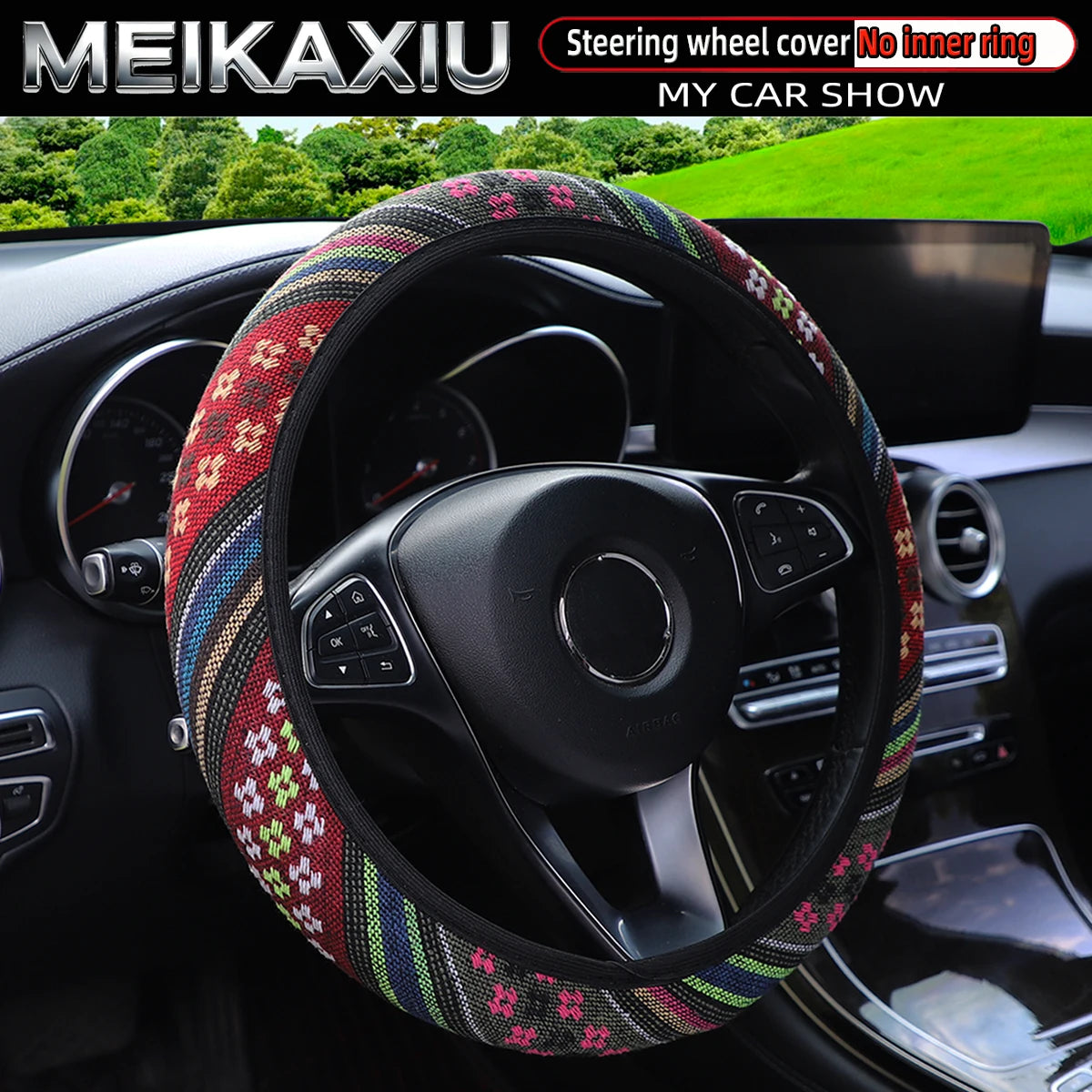38CM Ethnic Bohemian Style Fabric Car Steering Wheel Cover All-Season Use No Inner Ring Automotive Decoration Accessory