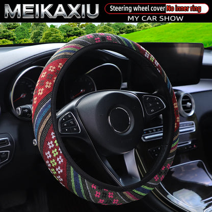 38CM Ethnic Bohemian Style Fabric Car Steering Wheel Cover All-Season Use No Inner Ring Automotive Decoration Accessory