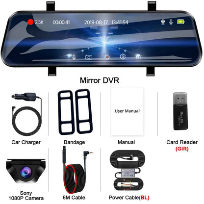 E-ACE 2.5K Mirror Camera For Car Touch Screen Video Recorder Rearview Mirror Dashcam 1440P GPS Wifi 24H Parking DVR Black Box