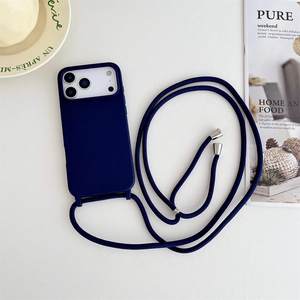 Crossbody Lanyard Cord Liquid Silicone Soft Phone Case for Apple IPhone 17 Air 16 15 14 Plus 13 Pro Max Matte Strap Candy Cover
