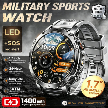 2026 New Smart Watch Bluetooth Call 1400mAh Large Battery Sport Heart Rate 1.7" Military Outdoor Men Smartwatch For Android IOS