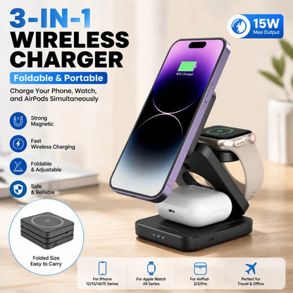 3 in 1 Wireless Charger Stand Magnetic Foldable Wireless Charging Station for iPhone 16 15 14 13 Pro Max Apple Watch 8 9 Charger