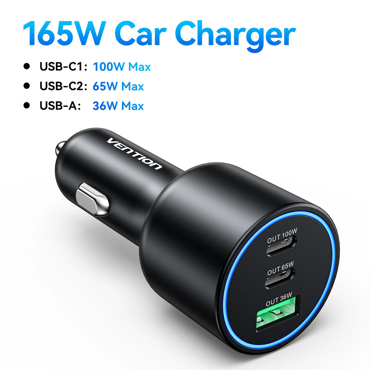 Vention 165W USB C Car Charger 3-Ports PD QC 4.0 45W For Samsung S25 iPhone 17 16 Macbook 100W Fast Charging Adapter With LED