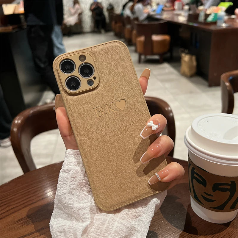 Personalised Initials Name Letters Leather Case For iPhone 12 13 11 14 15 16 17 18Pro Max 17Air Shockproof Custom Engraved Cover