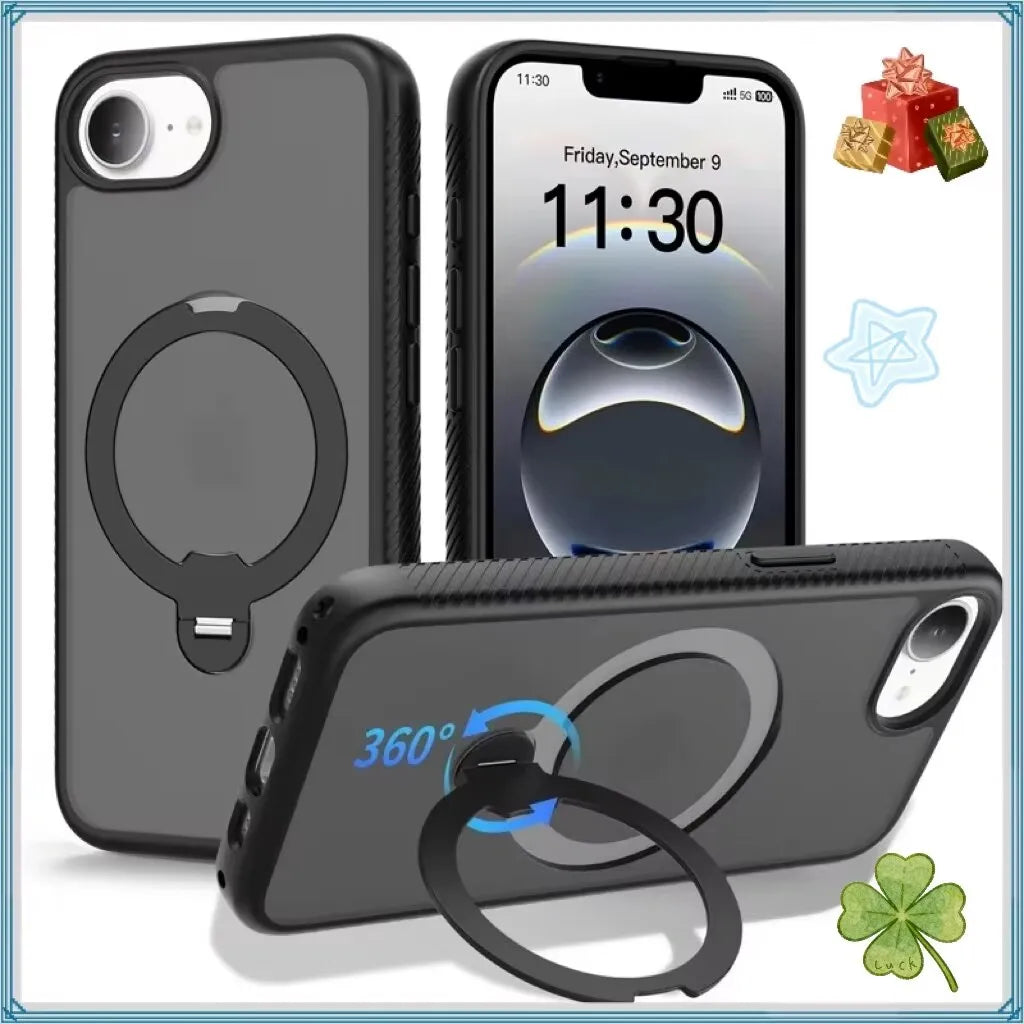 For iPhone 17E 16E Case ELVEV Magnetic Matte Hard PC+Soft TPU with Rotating Ring Bracket Protection Phone Cover