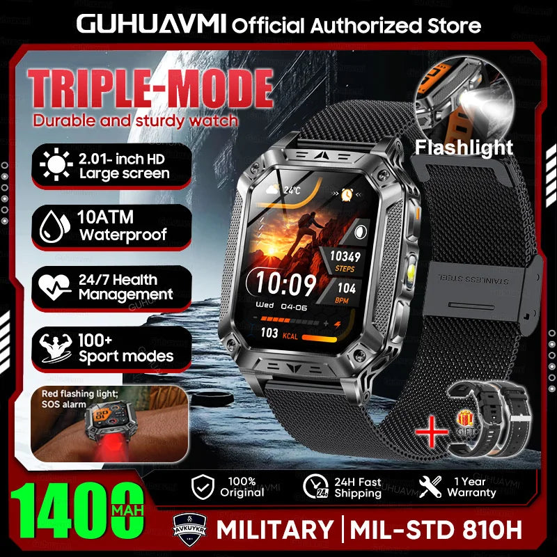 2026 New 1400mAh Large Battery Military Outdoor 2.01 inches Smart watch Men 10ATM Waterproof Bluetooth Call Sports Smart Watch