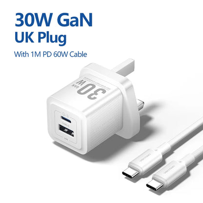 Vention GaN 30W Fast Charger for iPhone 17 16 15 14 13 PD3.0 Charger for iPad Pro Xiaomi Samsung USB Type C Mobile Phone Charger