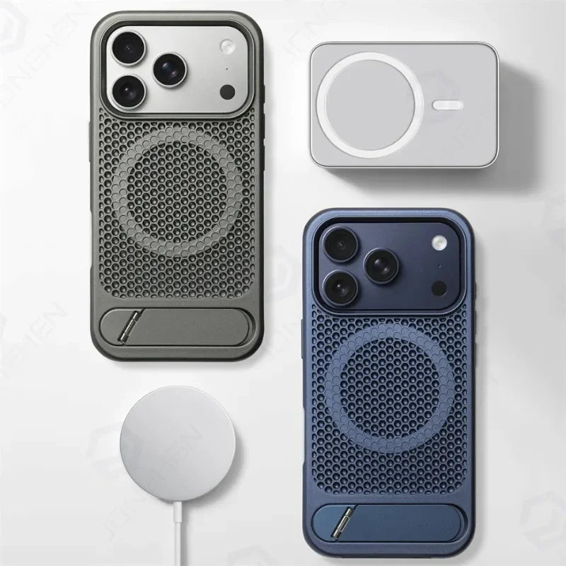 Heat Dissipation Stand Magnetic Shockproof Bumper Case For iPhone 17 Pro Max Air 18 16 15 14 13 12 Breathable Cover For Magsafe