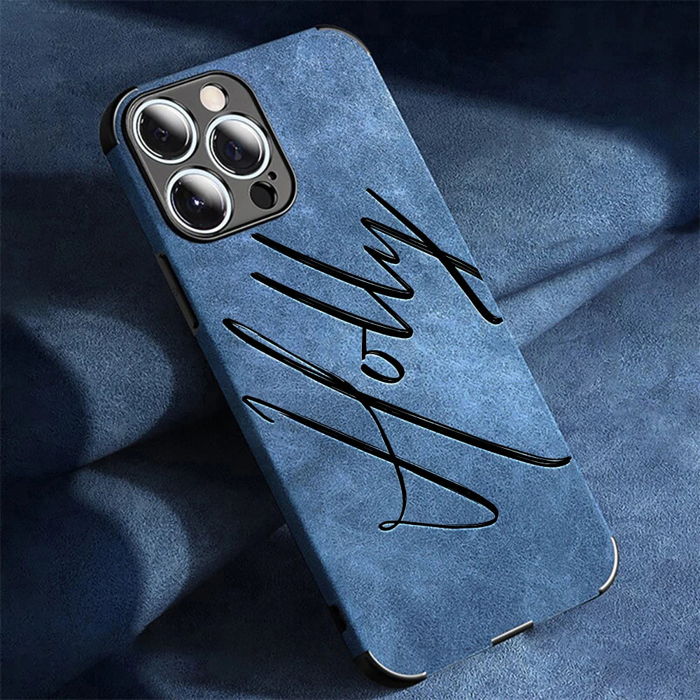 Large Brush Calligraphy Name Customized Phone Case For iPhone 16 15 14 13 12 11 Pro Max Lambskin Faux Leather Shockproof Cover