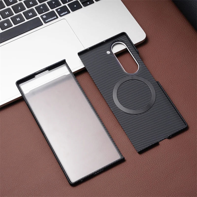 Business Magnetic Carbon Fiber Texture Case for Samsung Z Fold 8 7 6 5 4 Wireless Charging PC Cover with Screen Protective Film