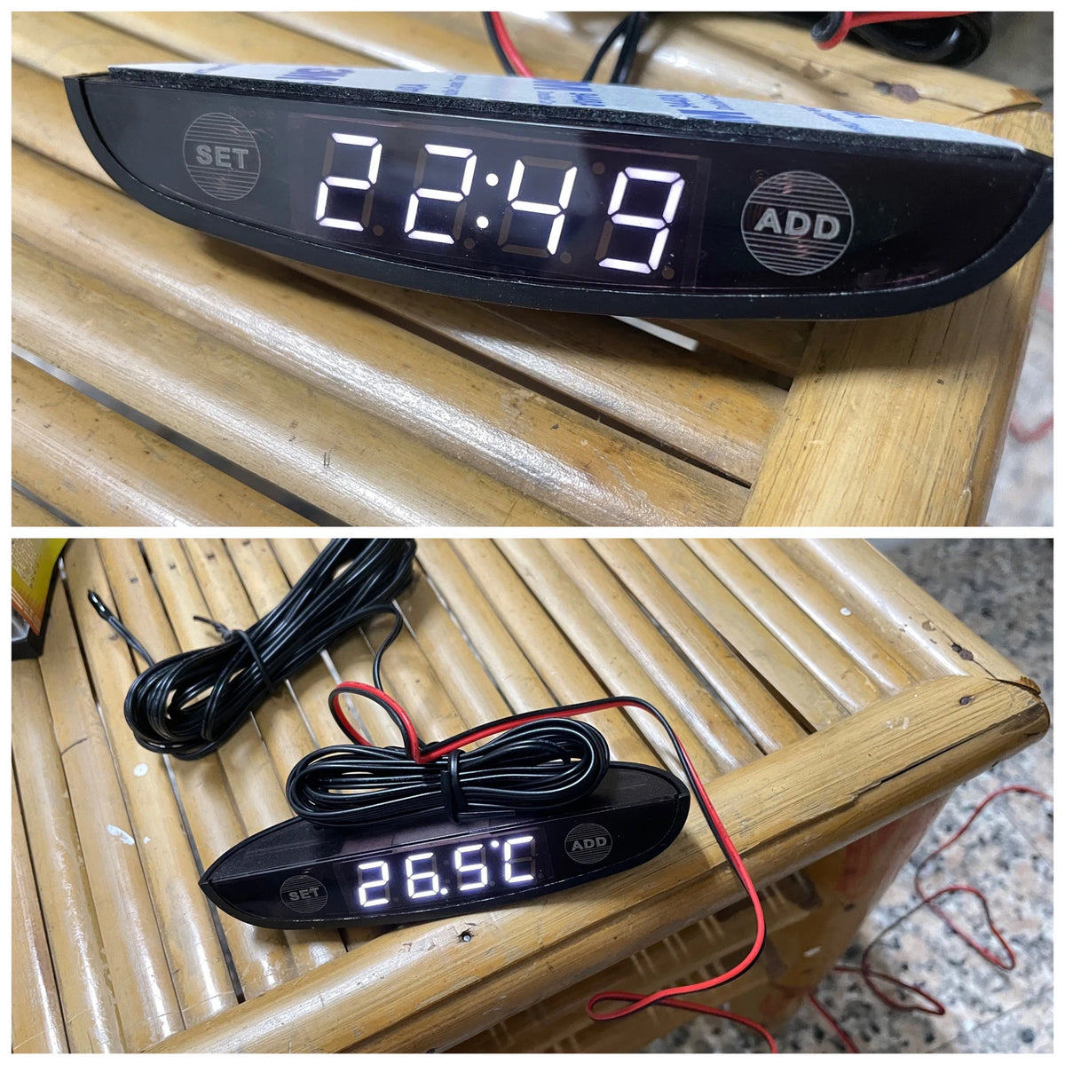 White Red Blue Green 12-24V Moon Type Thermometer Voltmeter Clock LED Display Car Dashboard Clock Dual Temperature Sensor