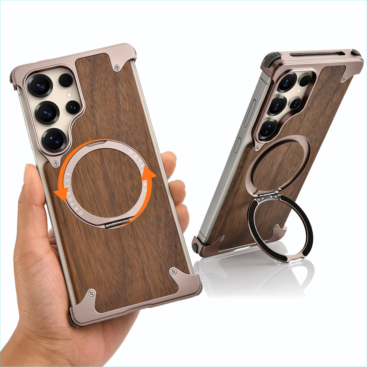 Eary Solid Wood Phone Case for Samsung Galaxy S25 S24 Ultra for Magsafe 360° Rotation Kickstand Frameless Protective Shells