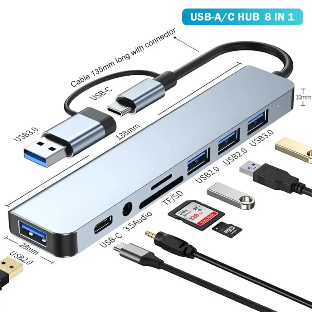 USB C Hub 8 In 1 Type C 3.1 To 4K HDMI Adapter with RJ45 SD/TF Card Reader PD Fast Charge for MacBook Notebook Laptop Computer