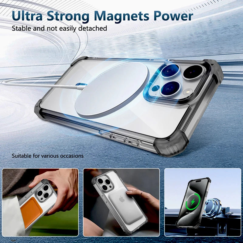 Shockproof Armor Transparent Case For iPhone 17 16 15 14 13 12 Pro Max Plus 15Pro IPhone15 for Magsafe Mag Safe Charge Cover