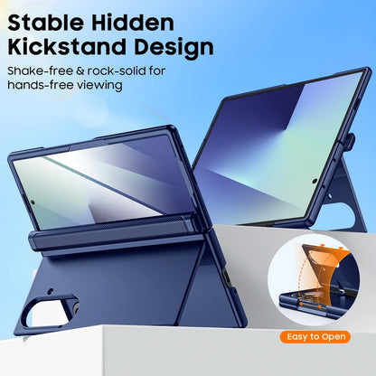 Magnetic Case for Samsung Galaxy Z Fold 7 with Hidden Kickstand, Built-in 9H Glass Screen Protector & Hinge Protection-Blue