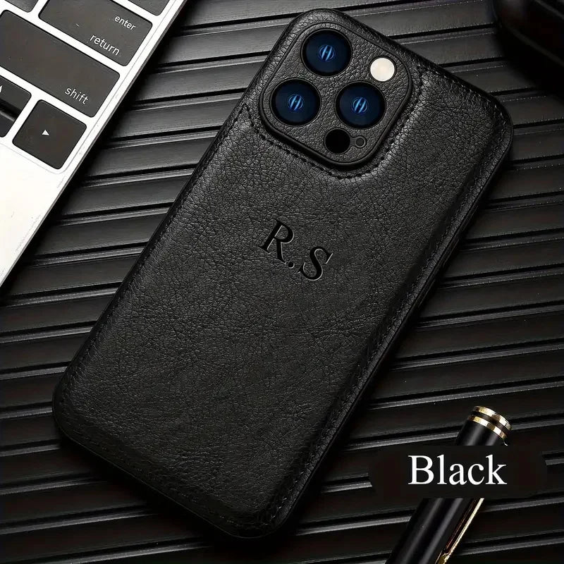 Personalized Customizable Initials Name Case For iPhone 16 15 14 13 12 11 Pro Max Plus Luxury Classic Bussiness PU Leather Cover