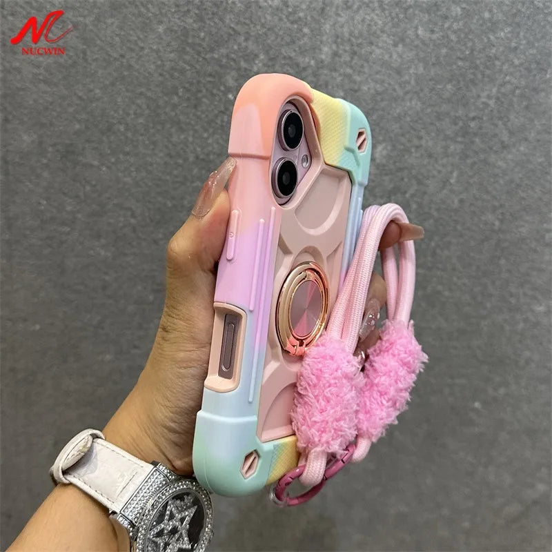 Luxury Heavy Duty Ring Holder Lanyard Case for iPhone 17 18 ProMax PC TPU Armor Cover for iPhone 11 12 13 14 15 16 Pro Max Plus