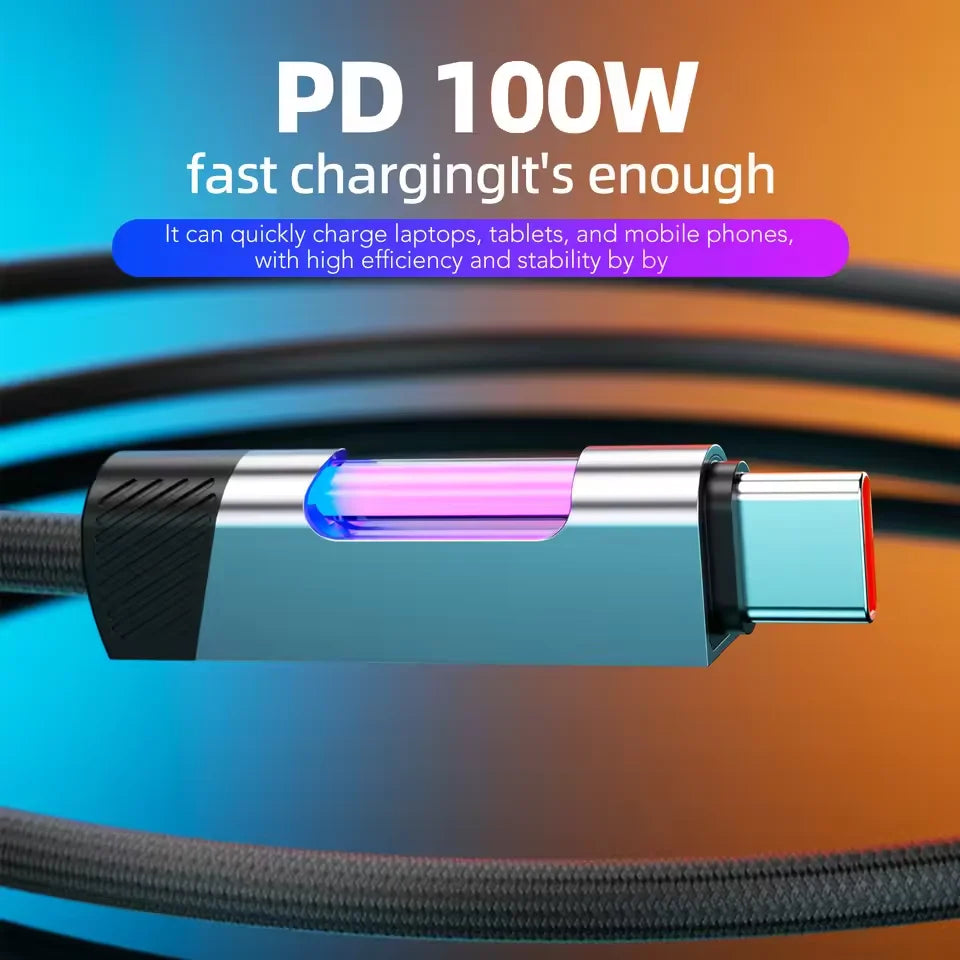 100W RGB Fast Charging Cable 5A USB Type C Charge Cord With RGB Ambient Light Data Cable Wire For iPhone Huawei Xiaomi Samsung