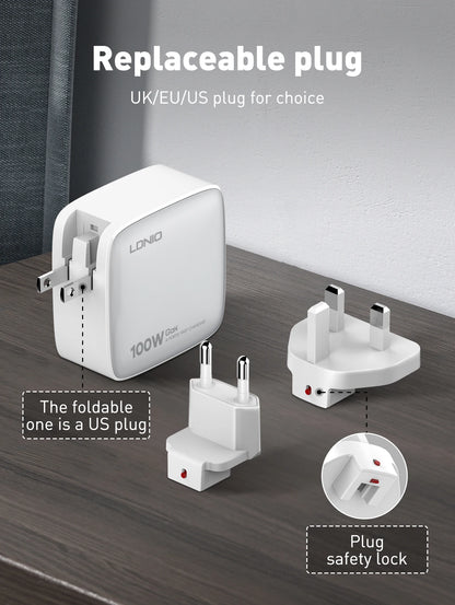 LDNIO 100W GaN USB C Charger Block Multi port Type C Travel Adapter Laptop Wall Charger For MacBook iPad iPhone US EU UK Plug