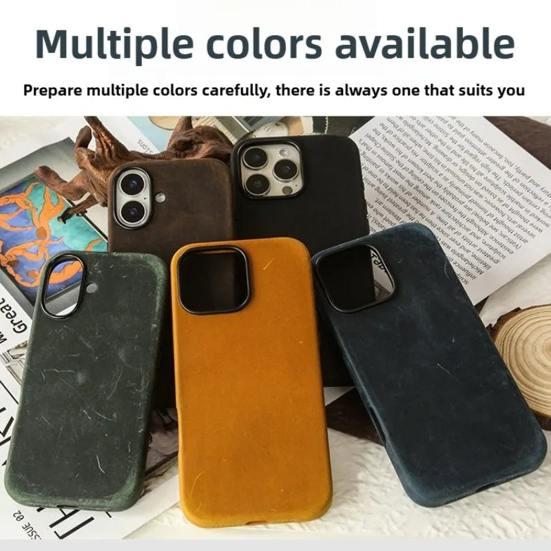 Magnetic Wireless Charging Crazy Horse Leather Case for iPhone 16 Pro Max 17 15 Pro 14 All-inclusive Protection Matte Phone Case