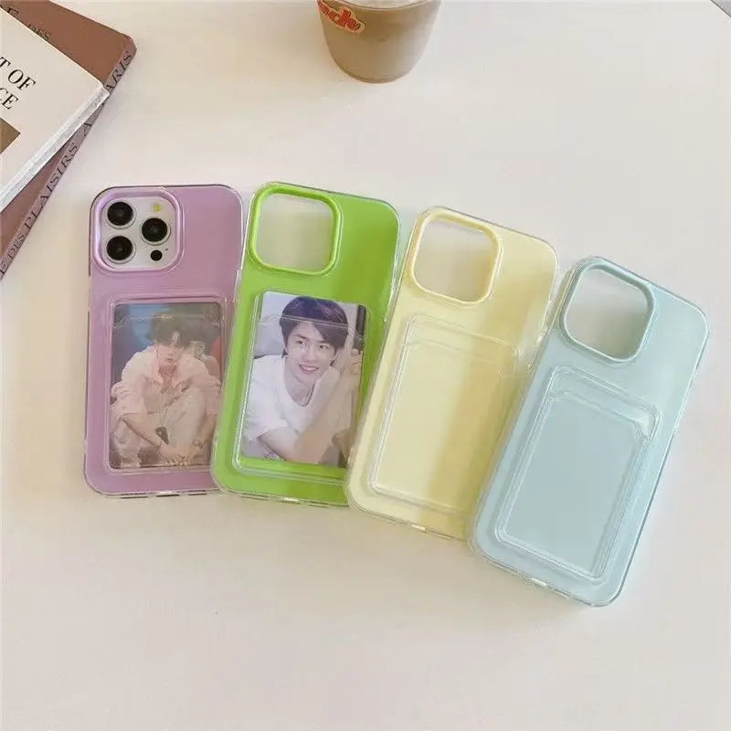 Luxury 2in1 Card Bag Holder Phone Case For iPhone 17 16 15 14 13 12 Pro Max Candy PC Wallet Shockproof Silicone Soft Clear Cover