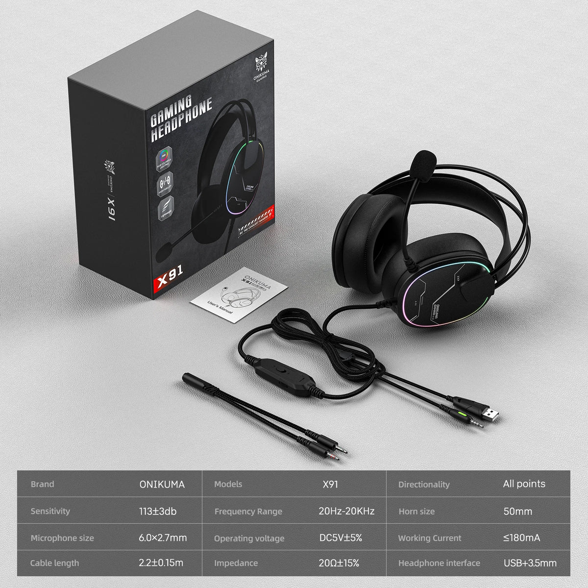 ONIKUMA X91 Wired Gaming Headset RGB 50MM Driver Surround Sound Noise Cancelling Mic Ergonomic Headphones For PC PS4 PS5 Switch