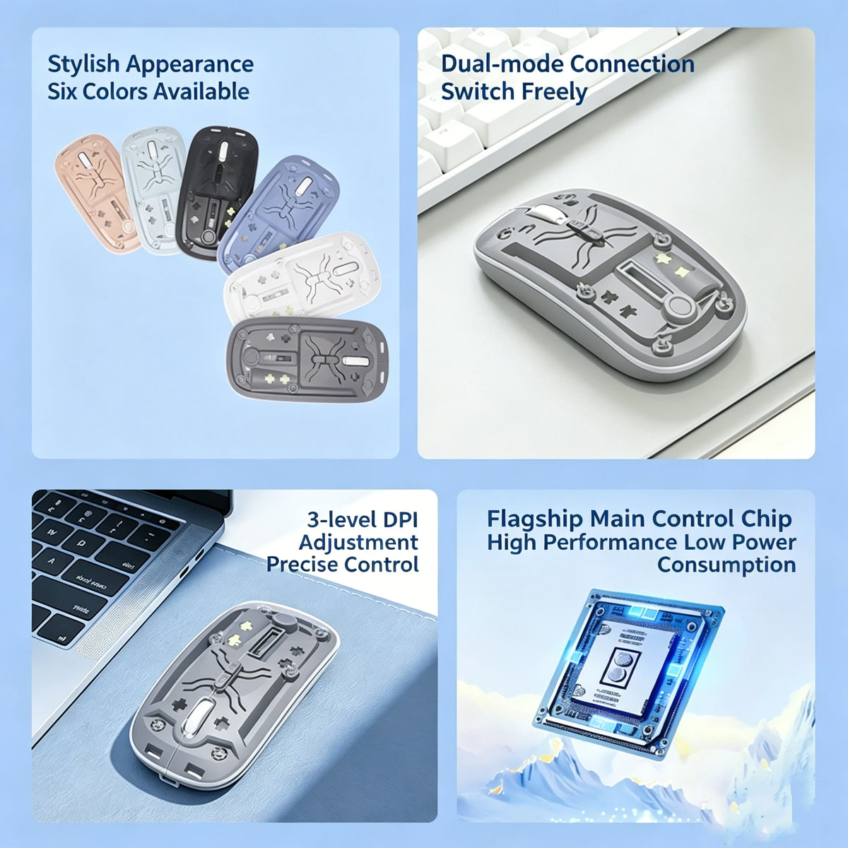 Transparent Bluetooth Wireless Mouse Dual Mode 2.4G Silent Mute Mouse Type-C Rechargeable 3 DPI Adjustable Office Mice for Game