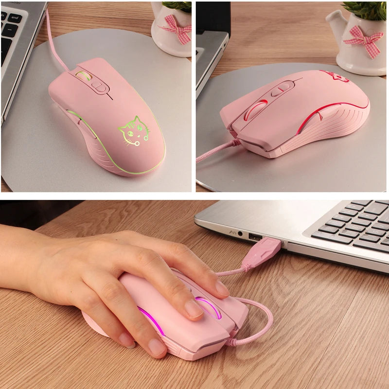 Lenovo Wired USB Gaming MouseGaming Mouse Purple Cat Mouse USB Mouse Ergonomic Mouse Braided Cable Gold-Plated USB Connector