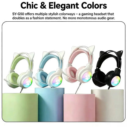 SOYTO Wired Cat Ear Headphones RGB LED Light Up Gaming Headset 3D Deep Bass Stereo Headphones with Mic for PC Laptop Girls