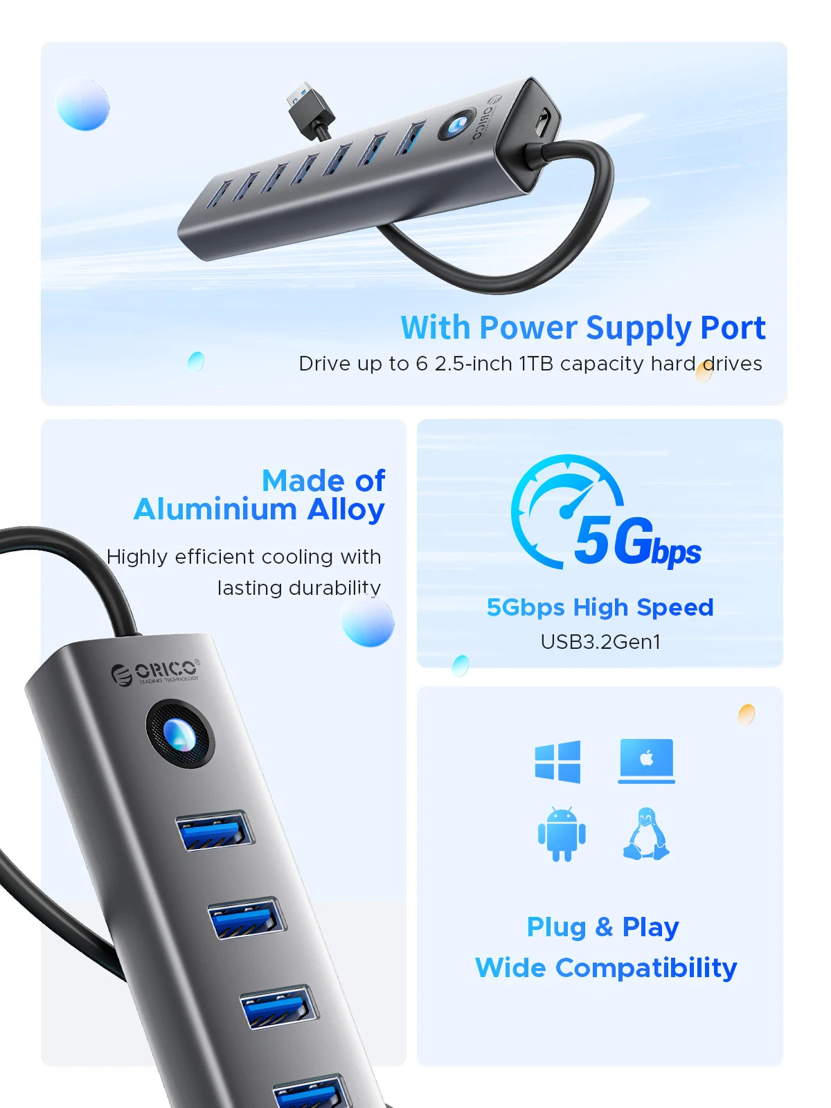 ORICO Aluminum Type C USB 3.0 HUB 7 Port Multi Splitter for Computer Accessories High Speed Data Transfer