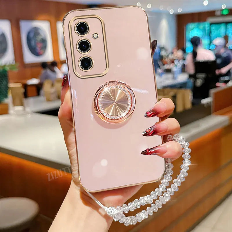 Crystal Strap Lanyard Luxury Circle Phone Holder Case For Samsung Galaxy S24 S20 S21 S22 S23 S25 FE Note 10 20 Plus + Ultra Back