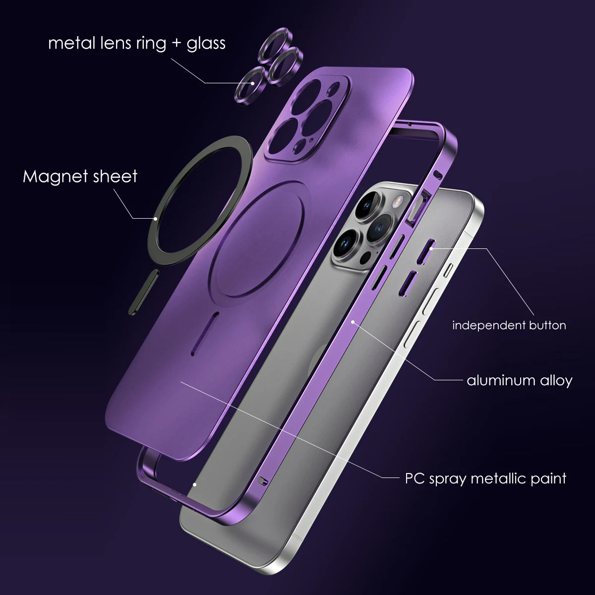 Aluminum Metal Frame Magnetic Case For iPhone 13 12 14 15 16 17 18 Pro Max For Magsafe Wireless Charging Lens Film PC Back Panel