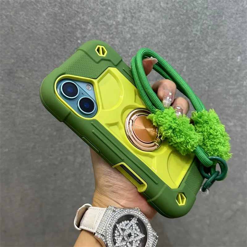 Luxury Heavy Duty Ring Holder Lanyard Case for iPhone 17 18 ProMax PC TPU Armor Cover for iPhone 11 12 13 14 15 16 Pro Max Plus
