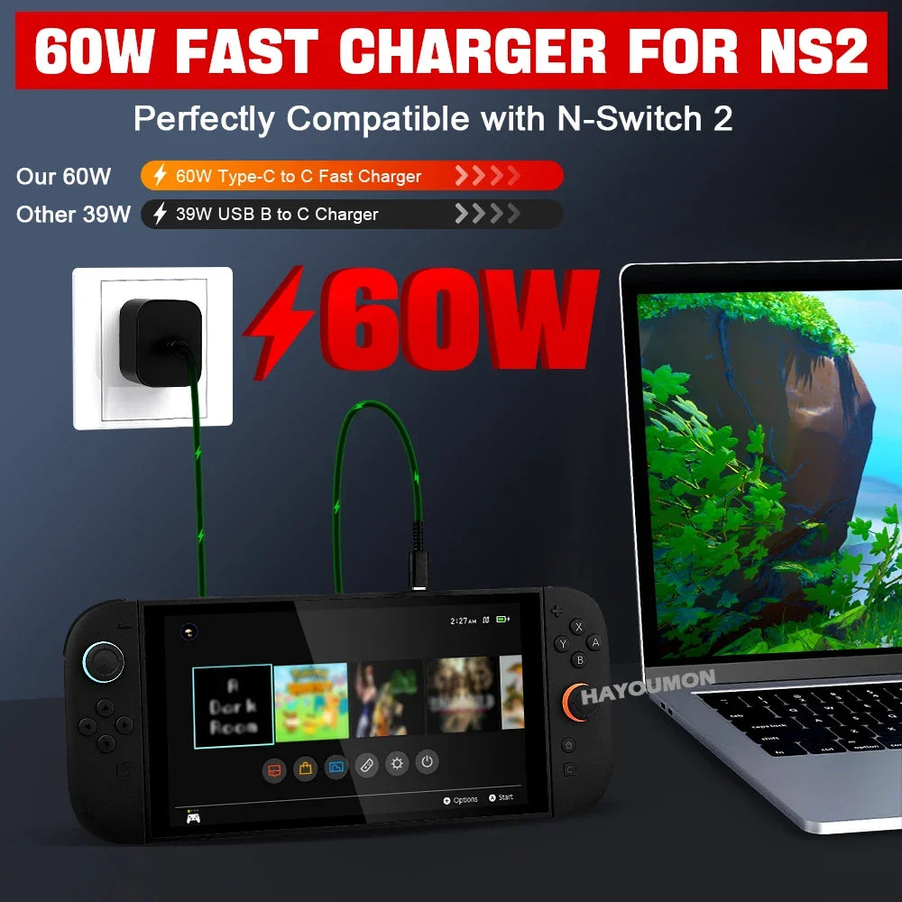 New 60W AC Adapter For NS Switch 2 Type C Fast Charger Power Supply Support TV Mode Wall Charger For Switch 2 Game Accessories