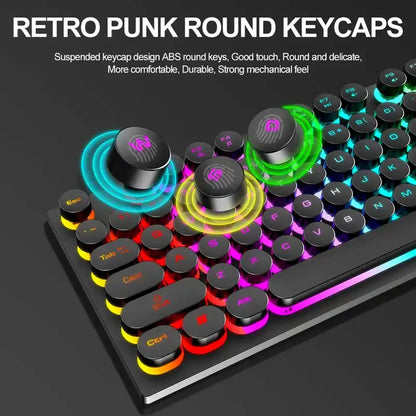 T80 Gaming Mechanical Feel Keyboard Wired 104 Keys Keyboard USB Retro Punk Game Office Suspended Keycap Cool RGB Lighting Effect