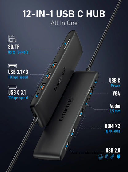 Lemorele TC97 USB Hub USB 3.1 Docking Station USBC to Dual HDMI 4K 10Gpbs Type-C 100W Adapter VGA Type-C 3.1 for MacBook Windows
