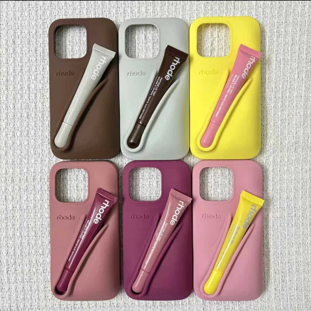With Lipstick&Box Lip Gloss Holder Phone Case For iPhone Air 17 16 15 14 13 12 Pro Max Rhode Lipstick Trendy Silicone tpu Cover