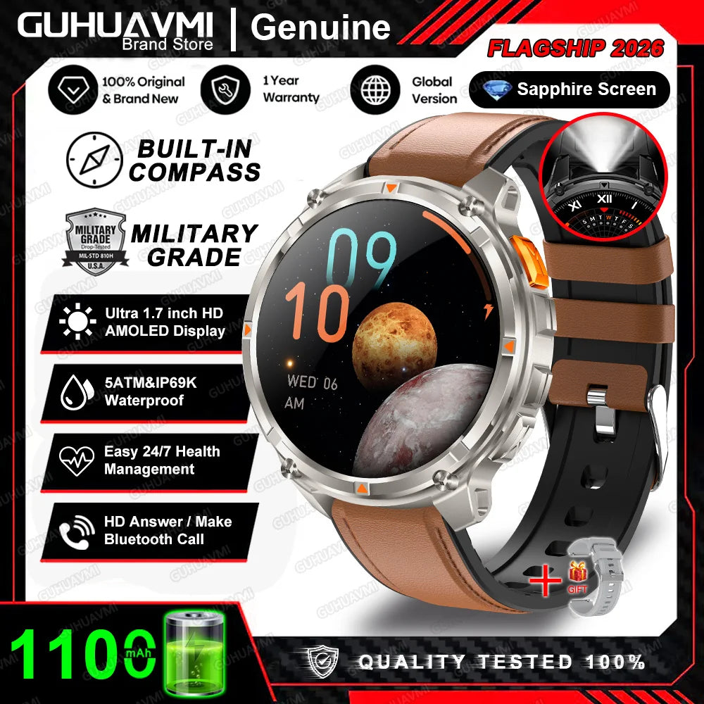 2026 New 1100mah AMOLED Smart Watch Men 170+Sport Fitness LED Flashlight IP69 Waterproof Bluetooth call GPS track Smartwatch iOS