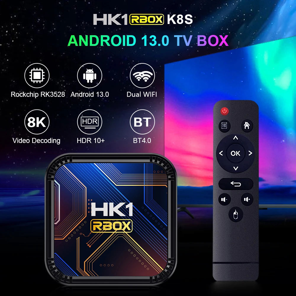 Android 13.0 RK3528 Quad Core 8K HDR 100M LAN Dual Wifi 2.4G 5G BT4.0 Game Stick Media Player Smart TV Box HK1 RBOX K8S