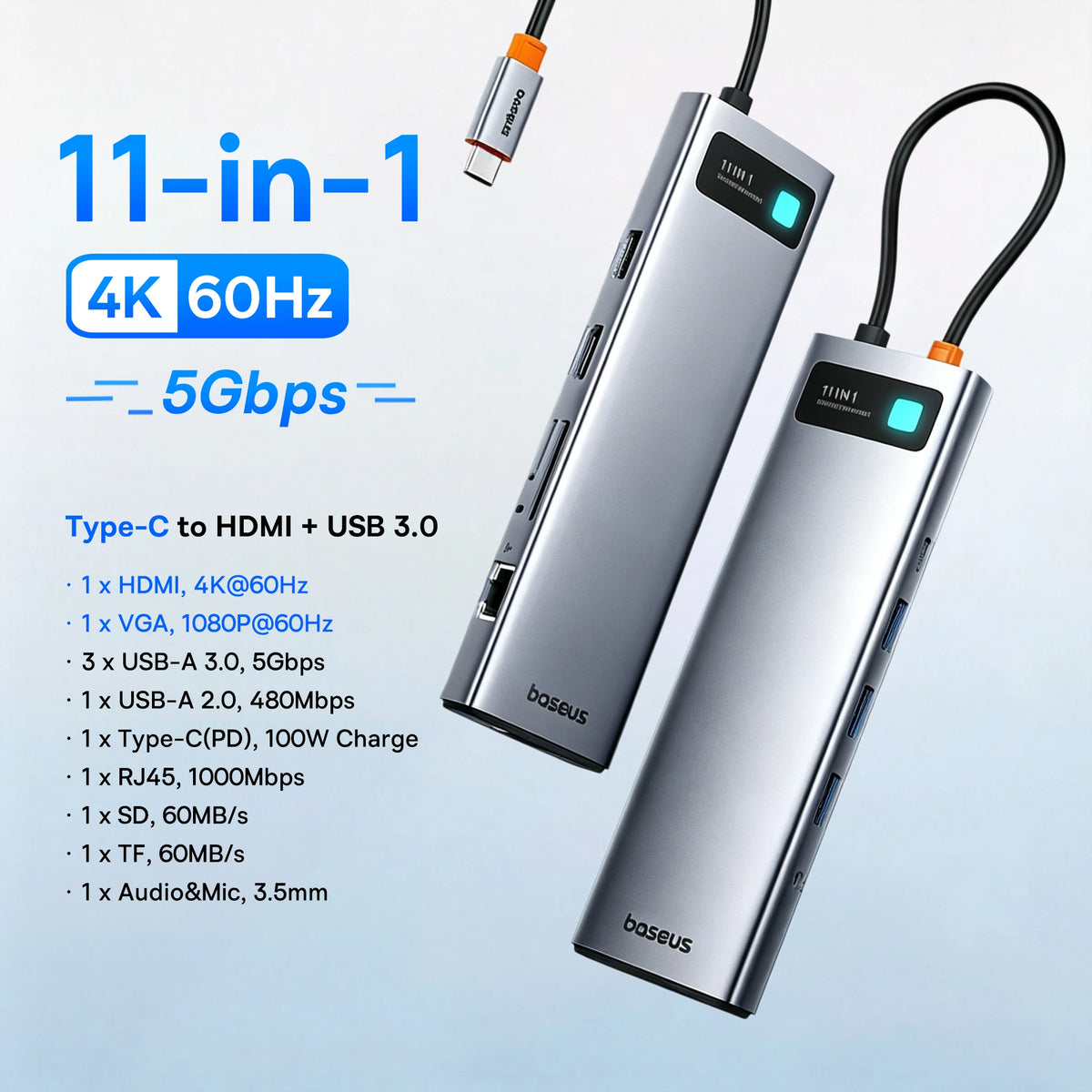 Baseus 13-in-1 USB C HUB to 2*HDMI 1*DP 4K@60Hz 1*VGA Quadruple Display USB 3.2 Adapter with RJ45 SD TF 3.5mm PD 100W Type C Hub