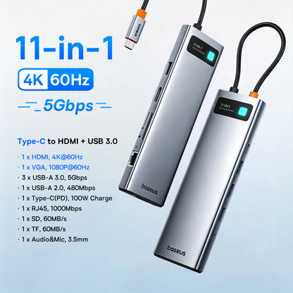 Baseus 13-in-1 USB C HUB to 2*HDMI 1*DP 4K@60Hz 1*VGA Quadruple Display USB 3.2 Adapter with RJ45 SD TF 3.5mm PD 100W Type C Hub
