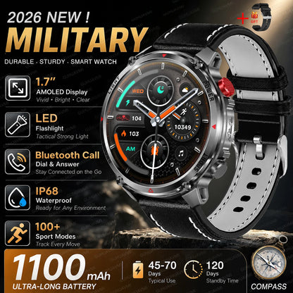 New Men Outdoor Military 1100mAh Large Battery Smart Watch Compass GPS Track IP68 Waterproof LED Flashlight BT Call Smartwatch