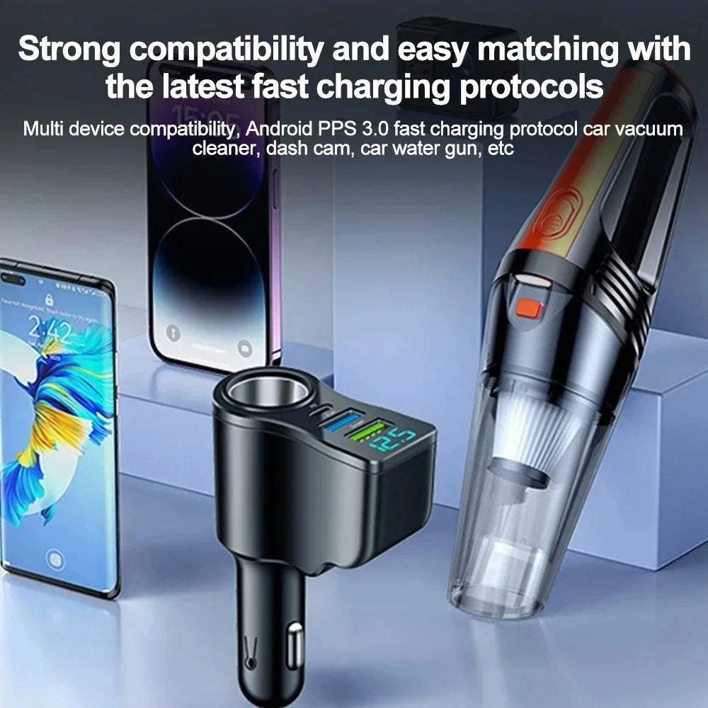 New digital display car fast charging dual USB car charger car one to three cigarette lighter 66W car multifunctional charger