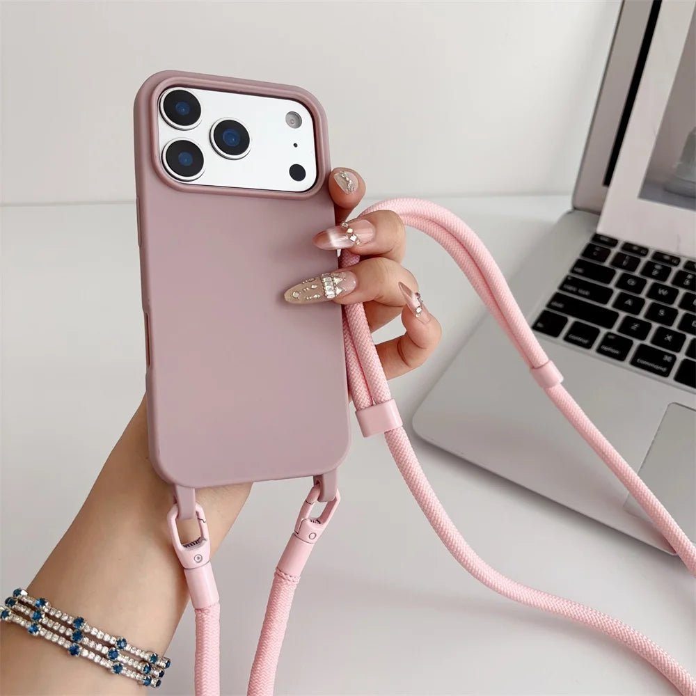 Official Lanyard Case For iPhone 17 Pro Max 14 12 11 13 15 16 Plus 17 Air Shockproof Candy Crossbody Neck Cord Strap Soft Cover