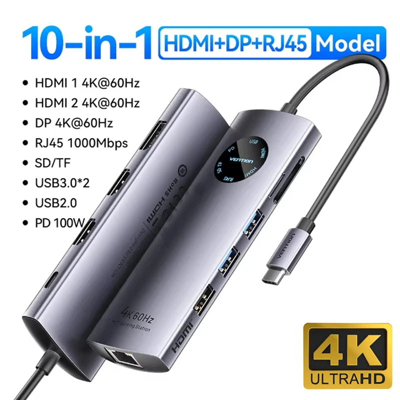 Vention 10 in 1 USB HUB HDMI DP 4K@60Hz Adapter RJ45 Splitter Type C HUB 3.0 PD 100W Charger Docking Station for MacBook Laptop
